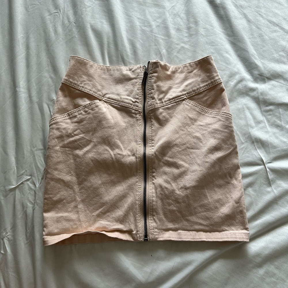 Pink denim zippered mini skirt